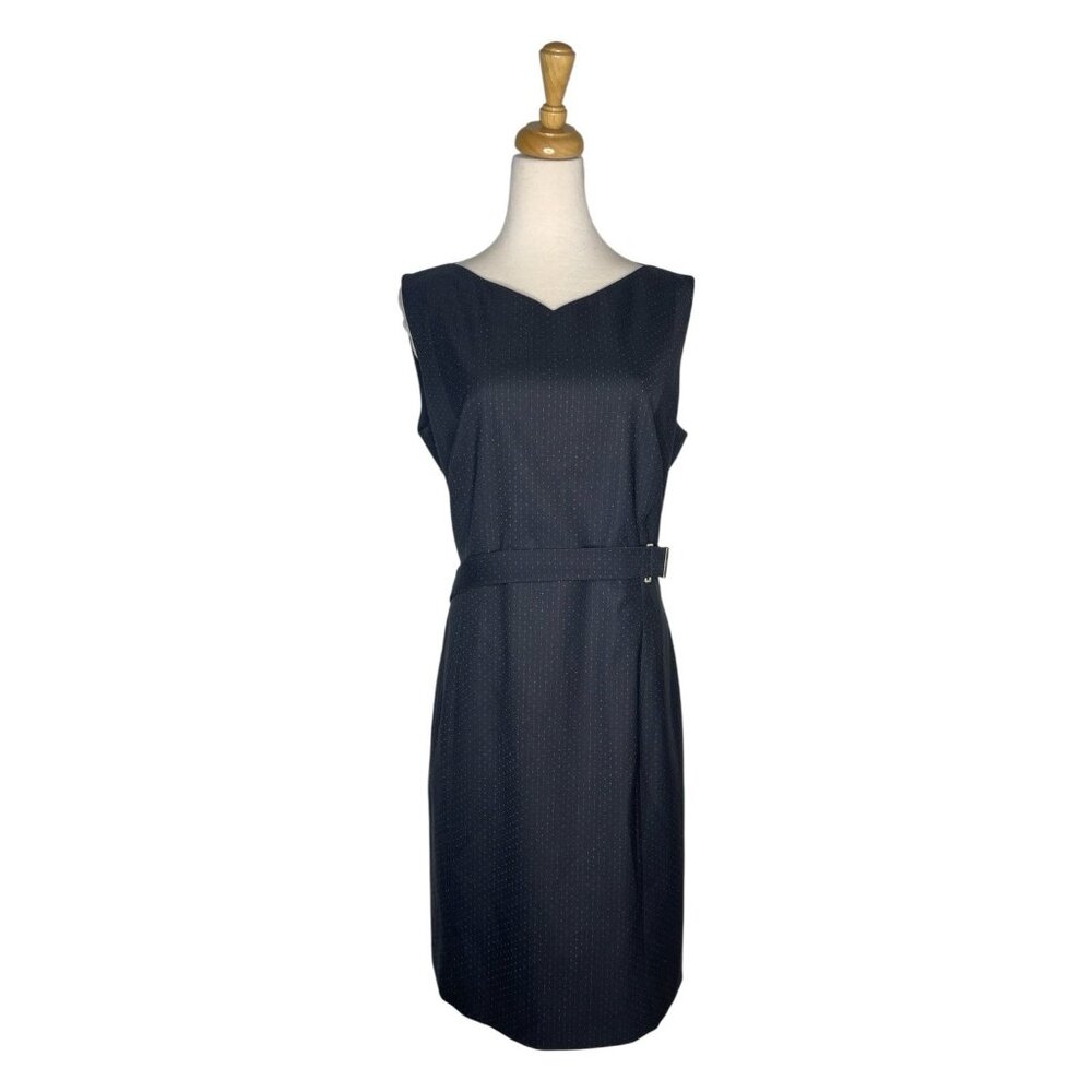 NWT Hugo Boss Belted Sheath Dress Navy Blue Ticking Stripe/Dot Size 10